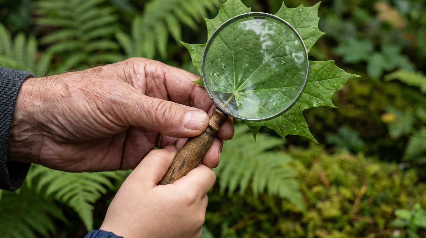 Close-up of an older hand guiding a child's hand holding a magnifying glass.