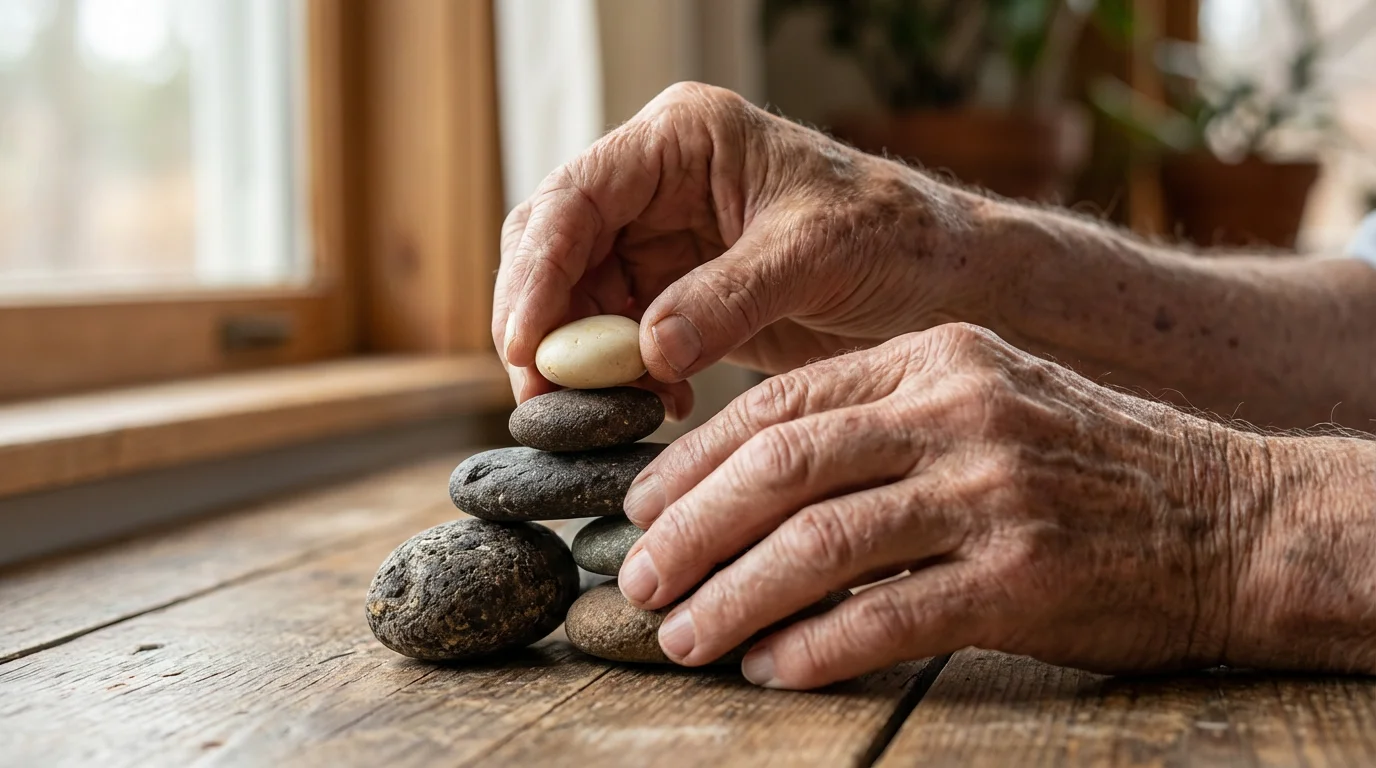 Close-up of an older person's hand carefully balancing a stone on a small cairn.