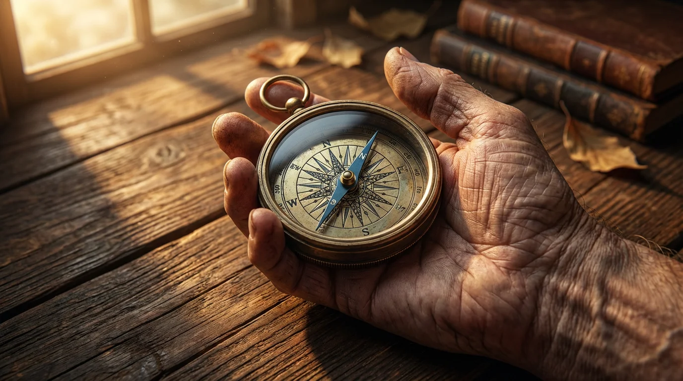 Close-up of an older person's hand holding a vintage brass compass on a table.