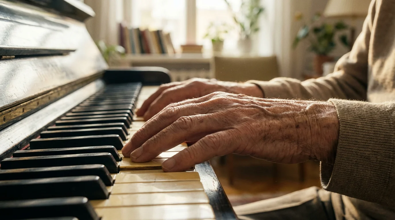 Close-up of an older person's hands resting on the keys of a piano.