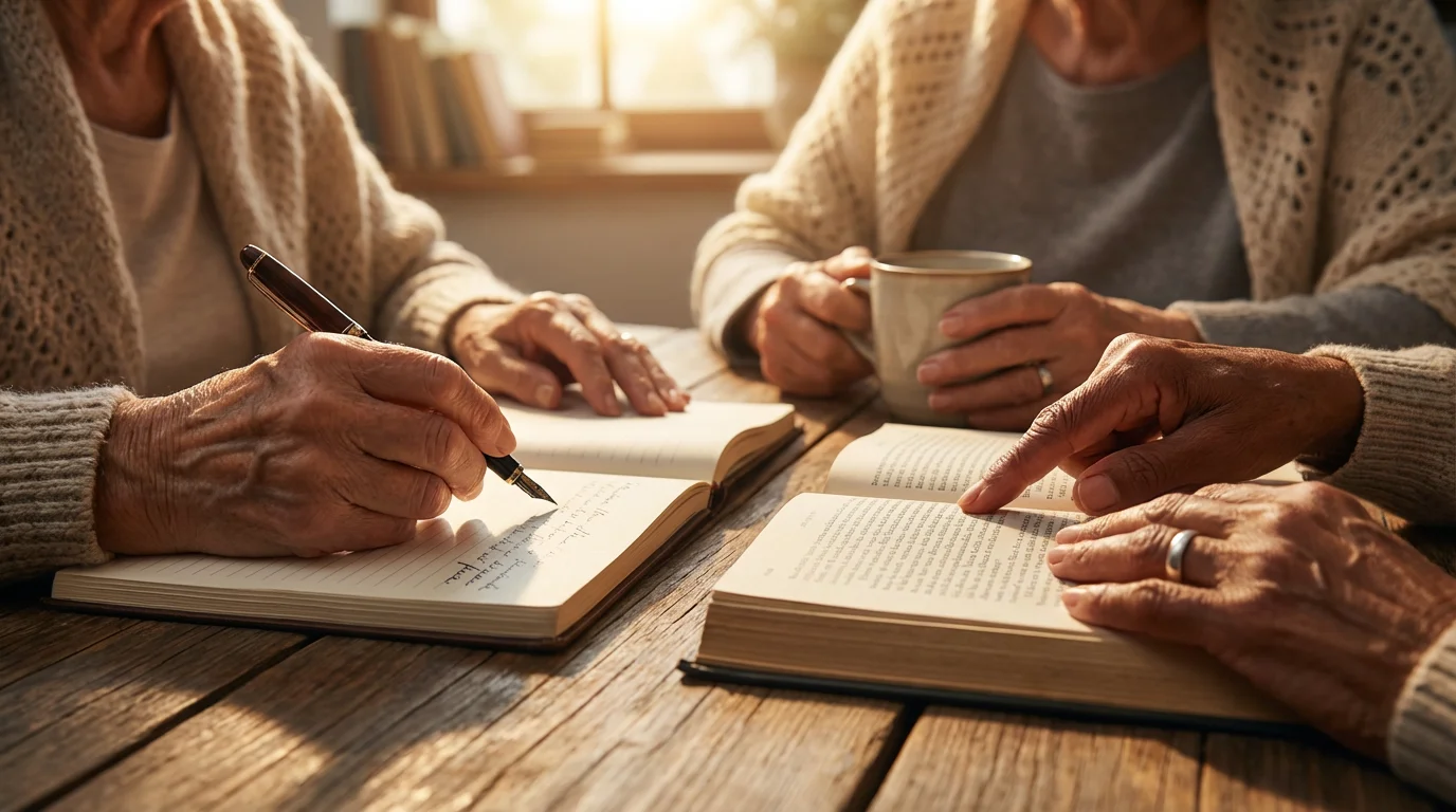 Close-up of diverse hands of a senior writing group collaborating during golden hour.