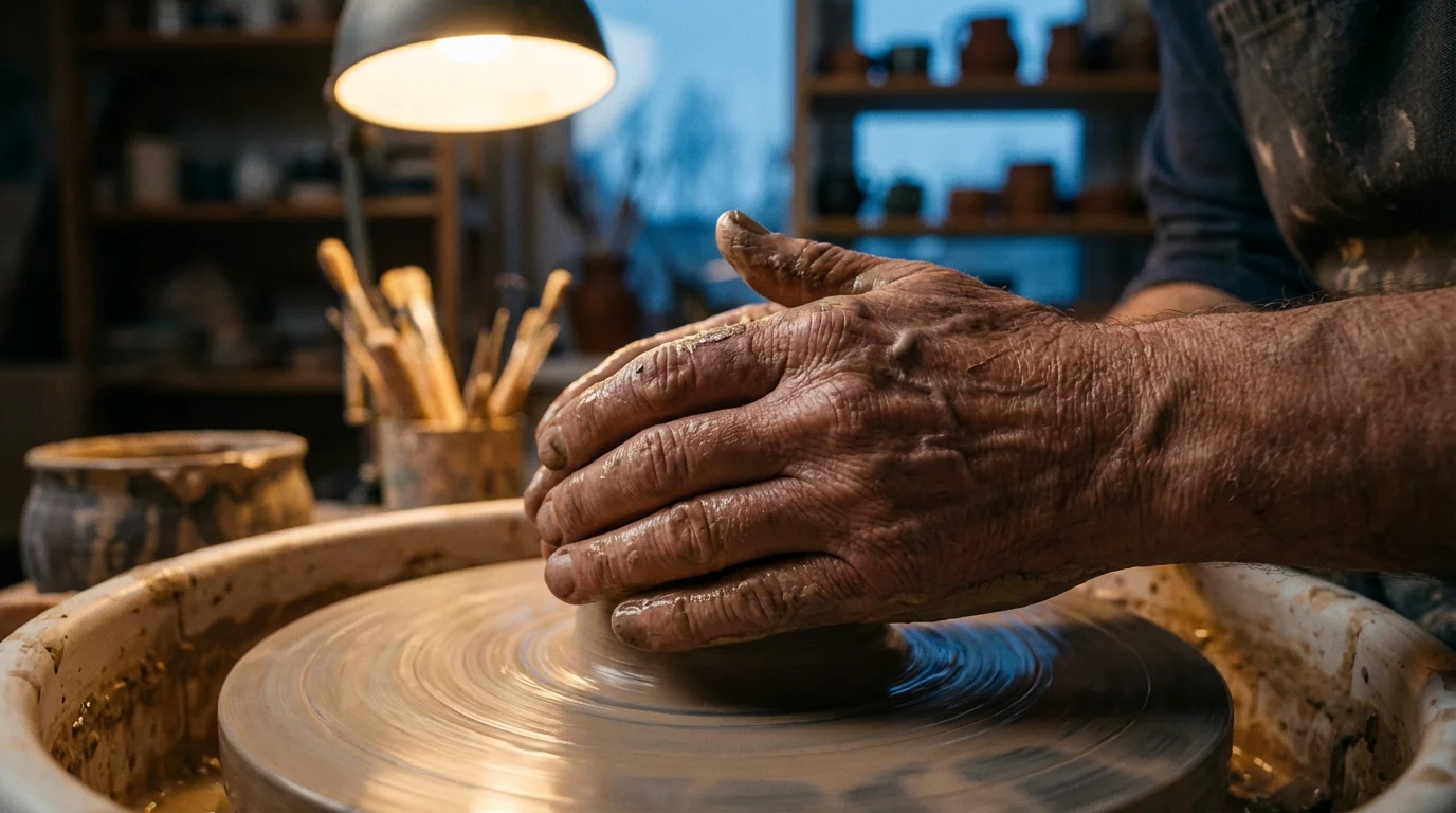 Close-up of elderly hands skillfully shaping a clay pot on a pottery wheel.