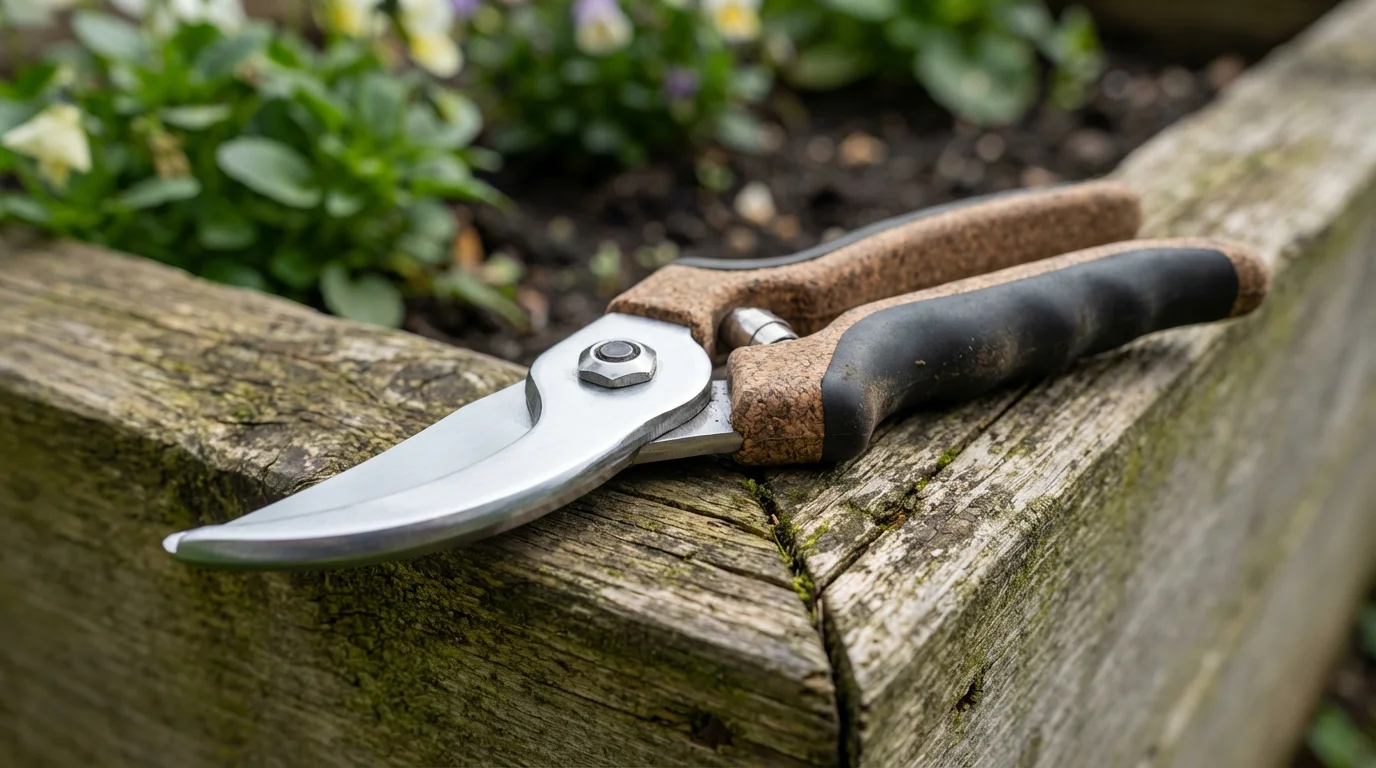 Close-up of ergonomic garden pruners resting on the wooden edge of a planter.