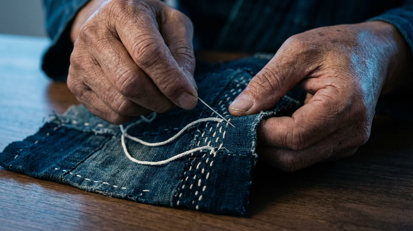 Close-up of hands mending dark fabric with artistic white stitching during blue hour.