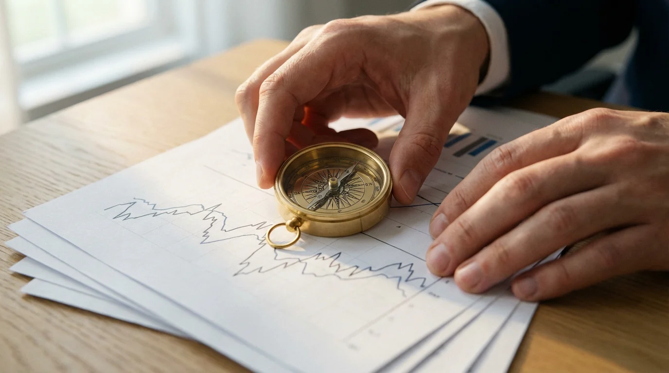 Close-up of hands placing a brass compass on a stack of financial documents.