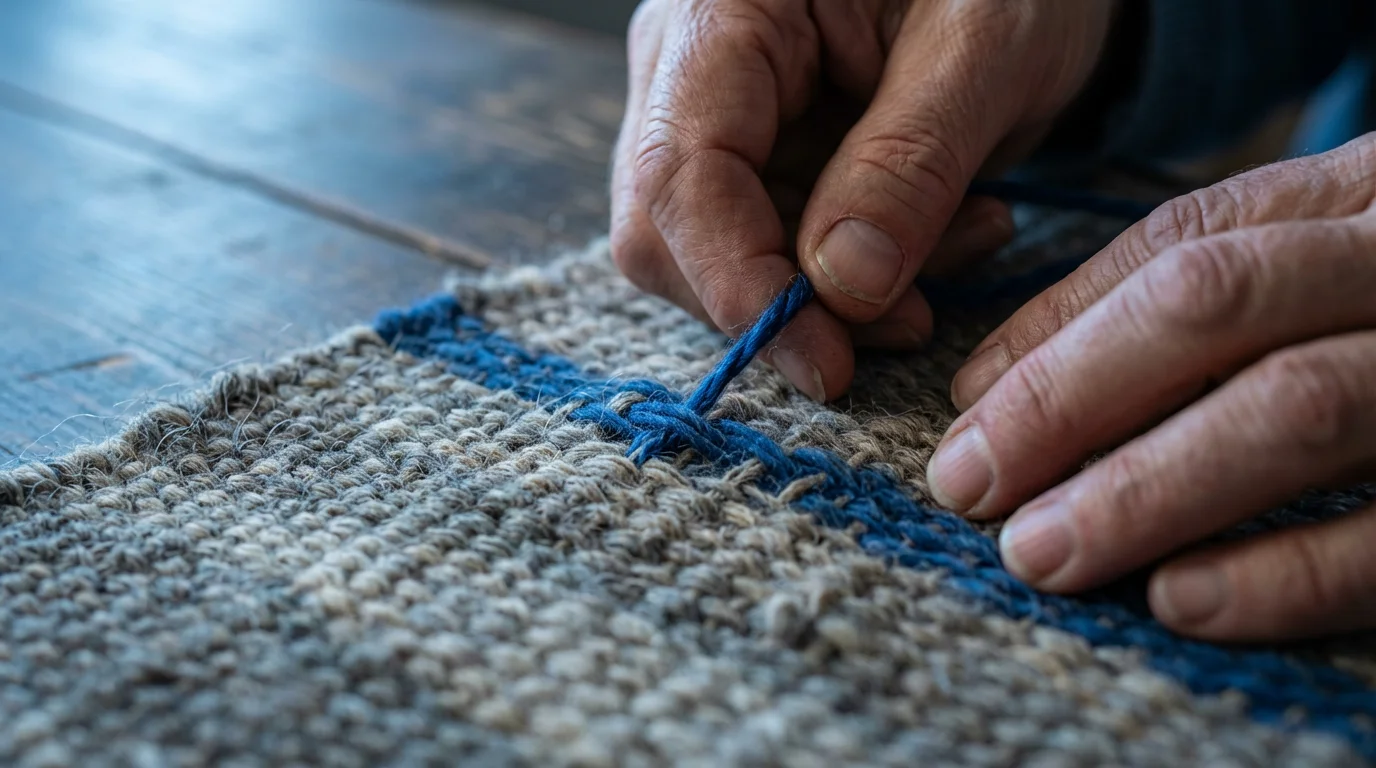 Close-up of hands weaving a new blue thread into a neutral-colored tapestry.
