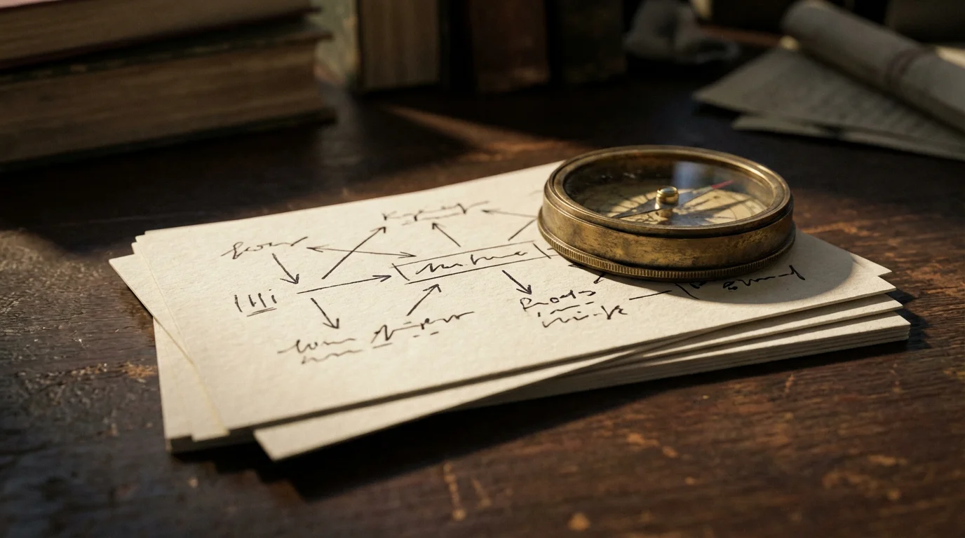 Close-up of index cards with diagrammatic marks and a brass compass on a desk.