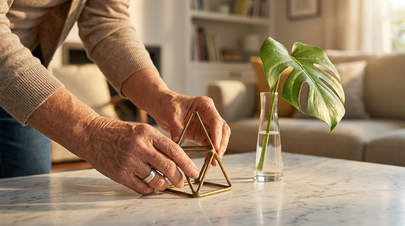 Close-up of mature hands carefully staging a brass object on a marble table.