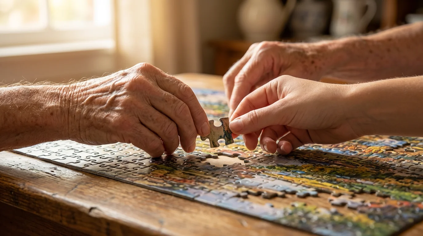 Close-up of older and younger hands placing the final piece of a jigsaw puzzle.