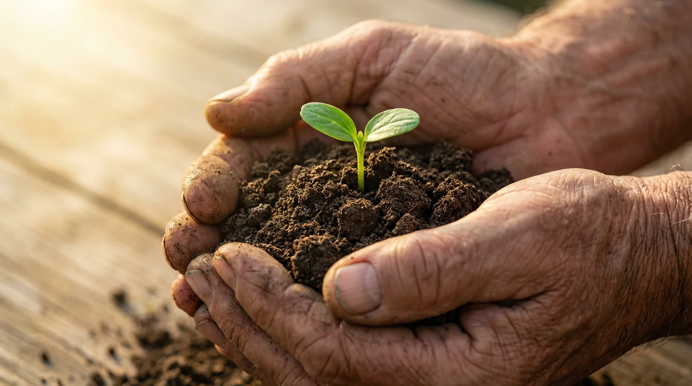 Close-up of older hands gently holding a small, new green plant sprout.