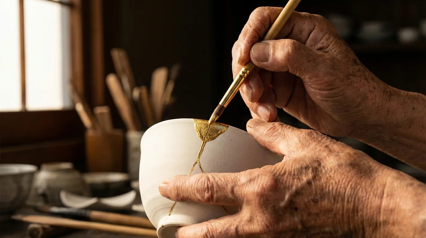 Close-up of older hands mending a broken ceramic bowl with gold, symbolizing mentoring.