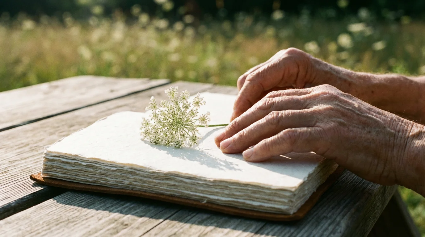 Close-up of older hands pressing a white wildflower into a blank travel journal.