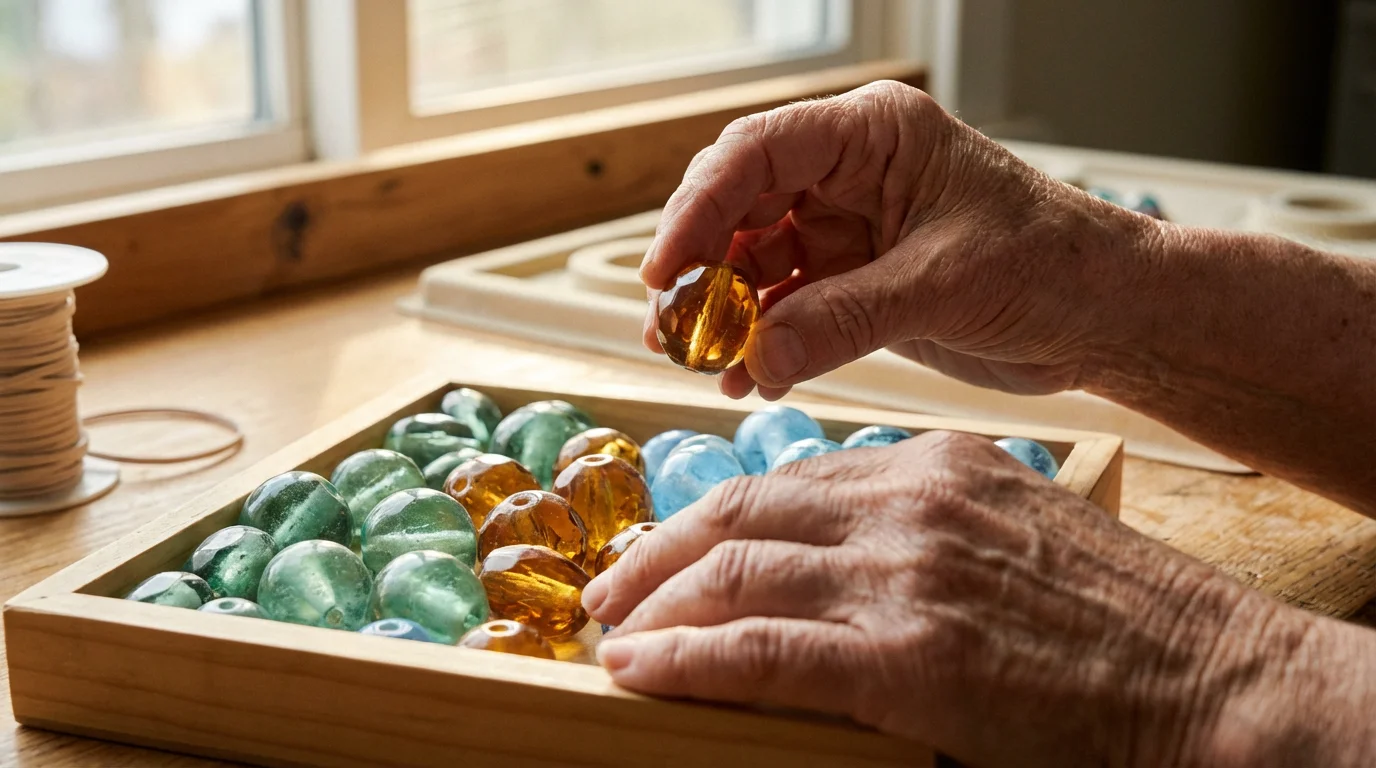Close-up of older hands sorting through colorful large glass beads for making jewelry.