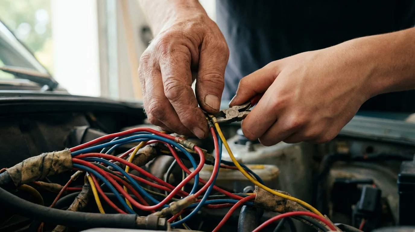 Close-up of two people's hands working together on a classic car's wiring harness.
