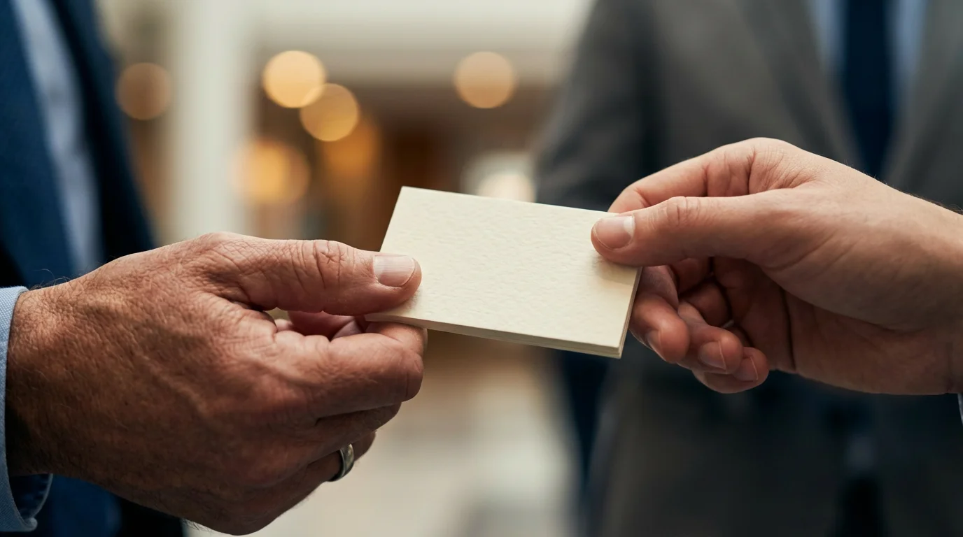 Close-up of two professionals' hands exchanging a blank business card at an industry event.