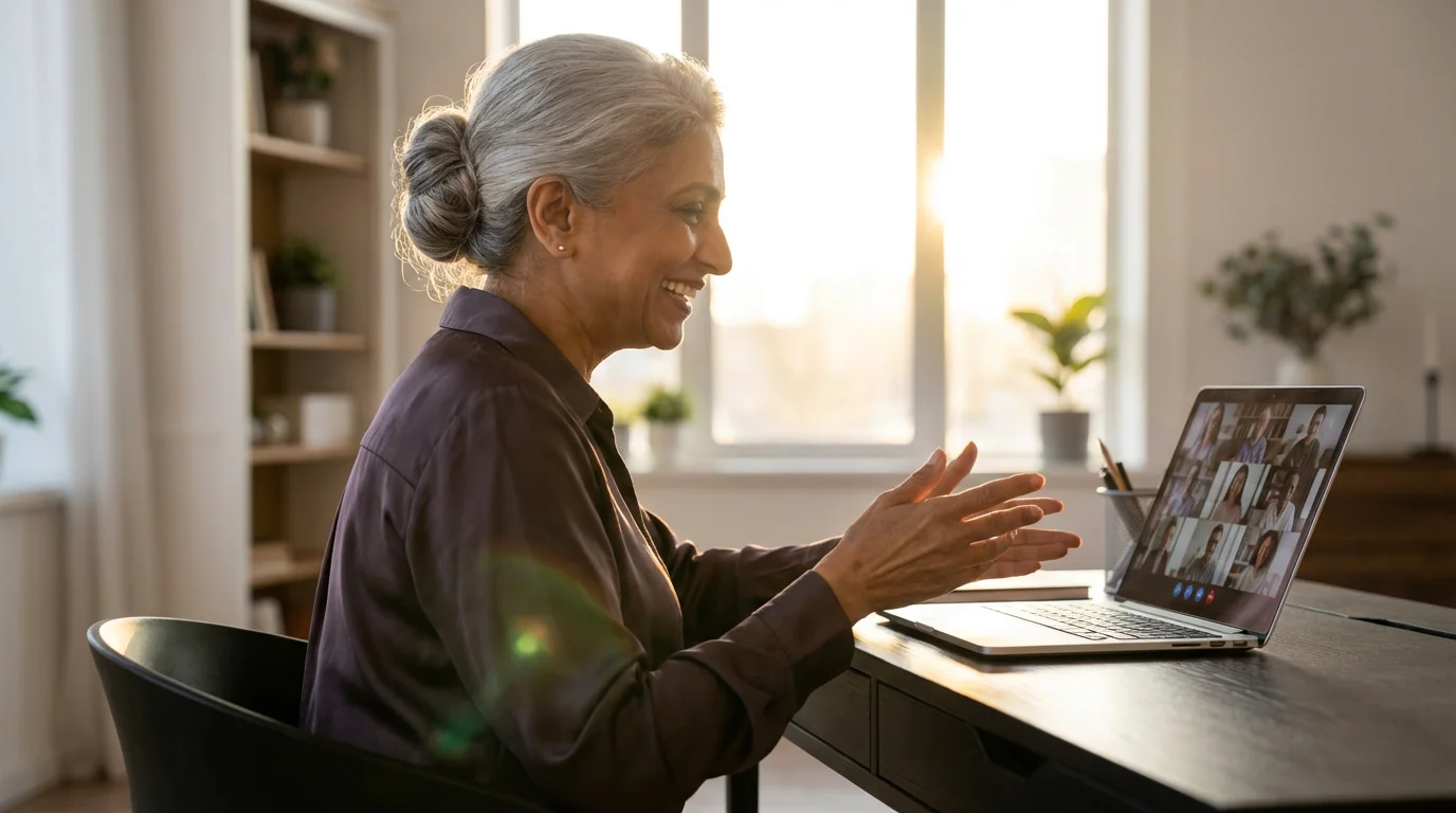 Confident senior woman in a modern home office on a video call at sunset.