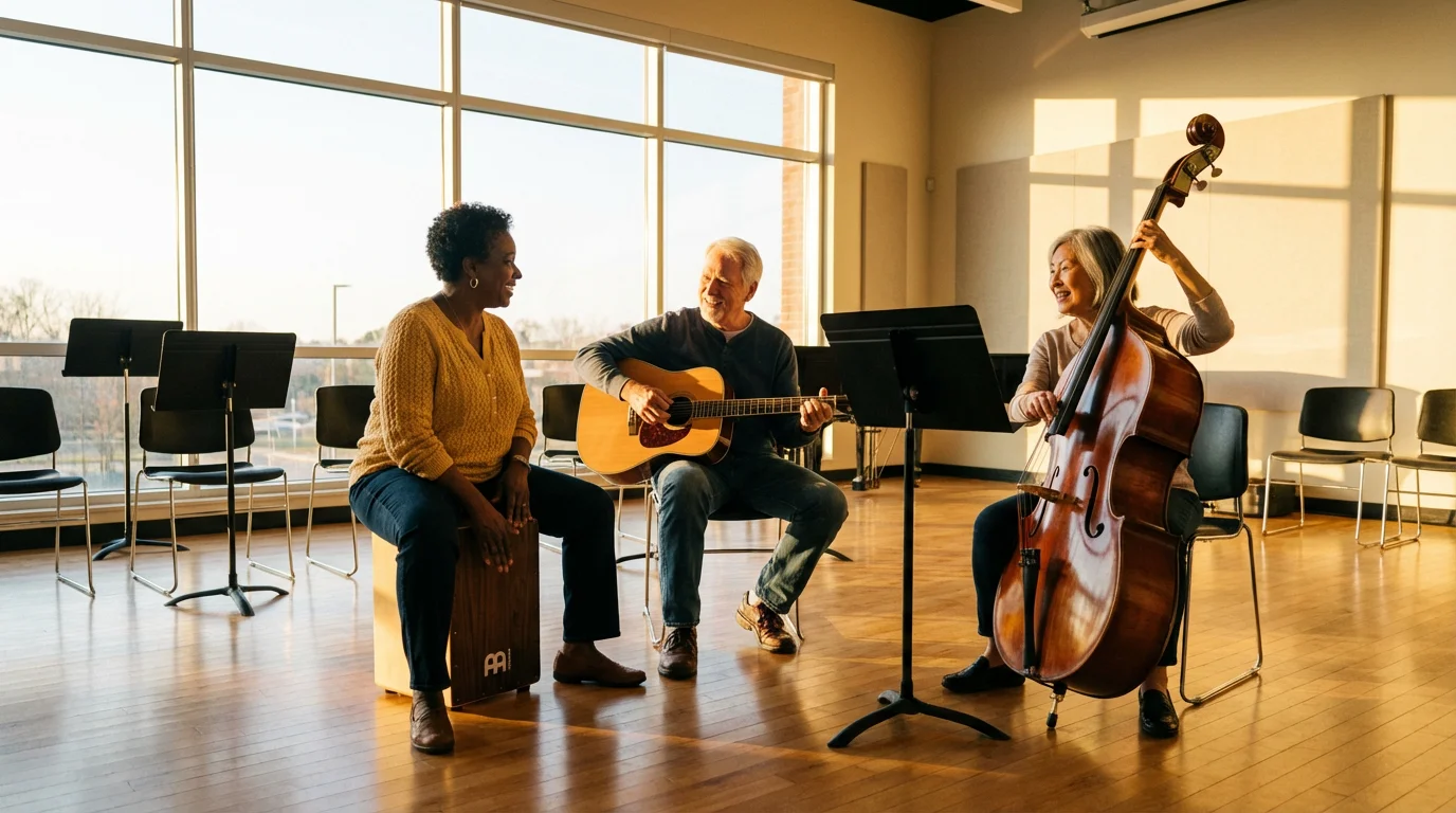 Diverse group of seniors playing acoustic music together in a sunny community room.