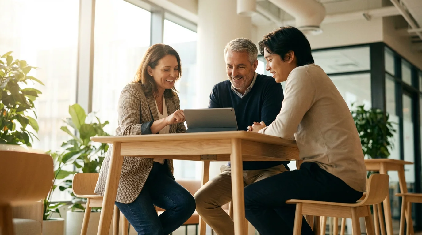 Diverse professionals collaborating around a tablet in a modern, sunlit office, viewed from below.