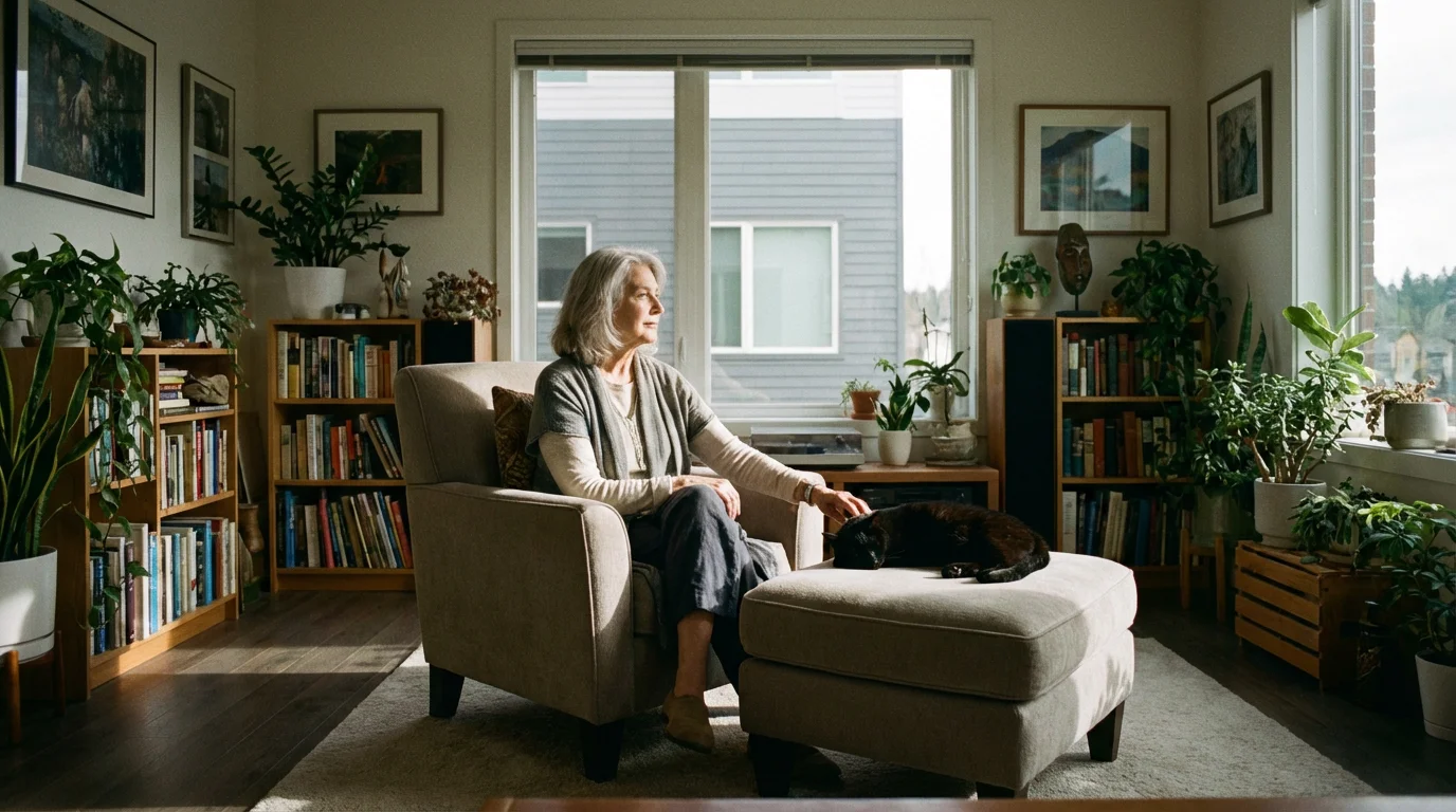 Elderly woman and her sleeping cat in a sunlit living room with long shadows.