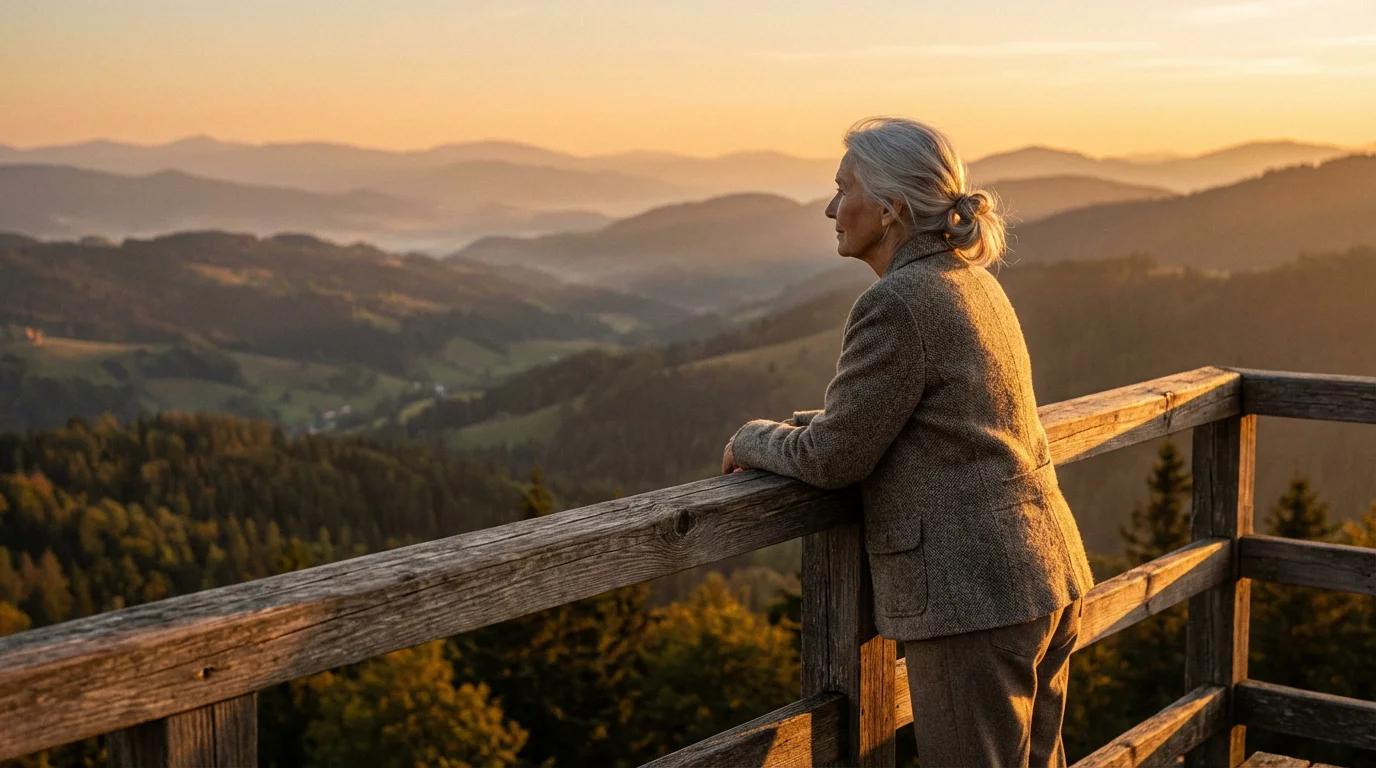 Elderly woman at a scenic mountain overlook looking at a valley during golden hour.