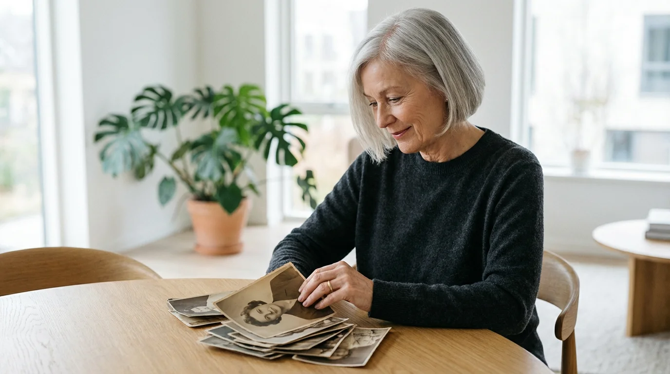 Elegant senior woman reflecting on her life while looking at old photographs.