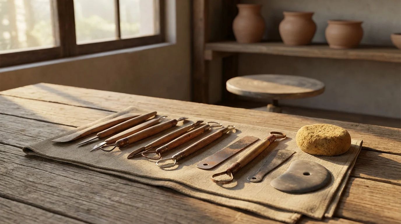 Essential clay sculpting tools arranged neatly on a wooden workbench during golden hour light.