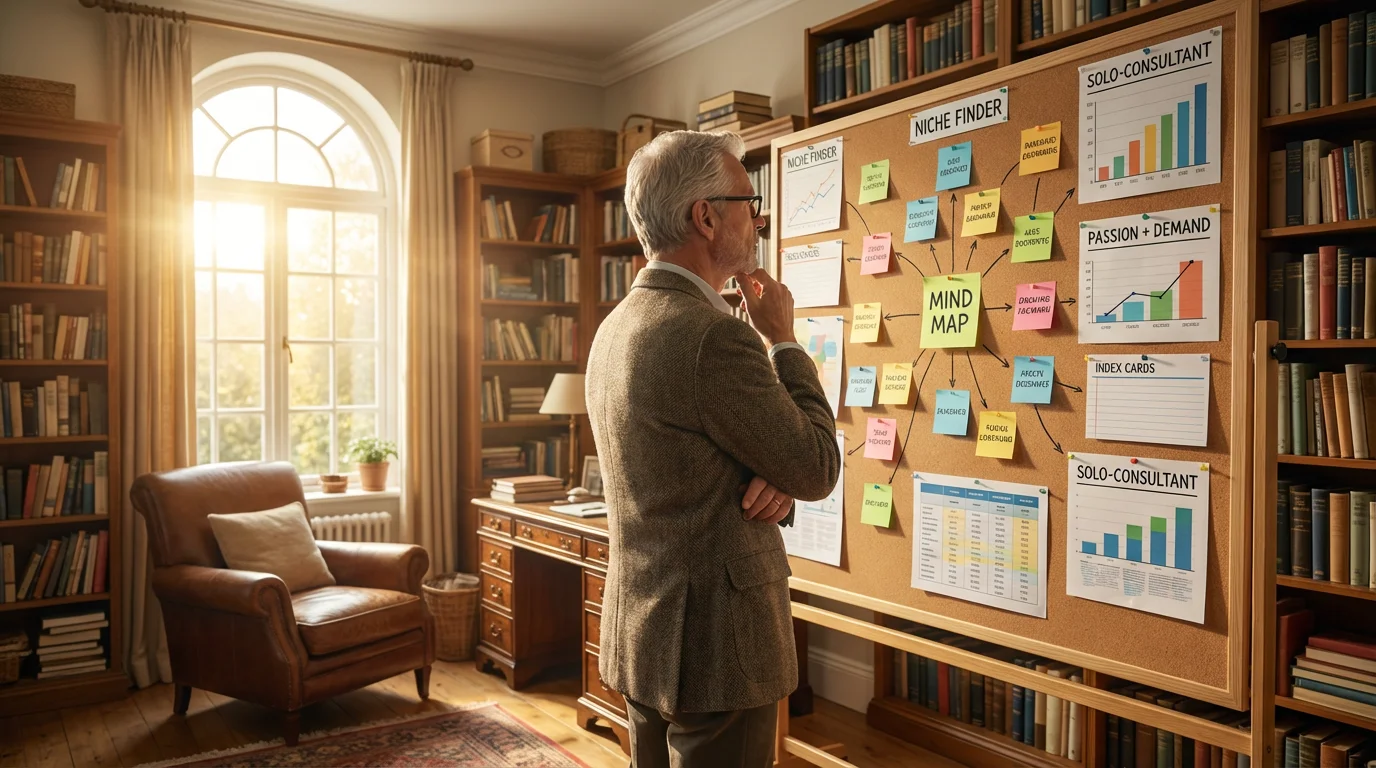 Experienced man in home study planning his consulting niche on a large corkboard.