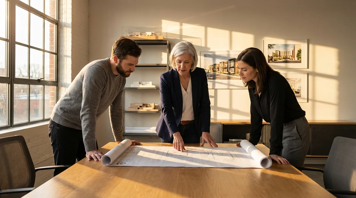 Experienced older woman mentoring two younger colleagues in a modern, sunlit design office.