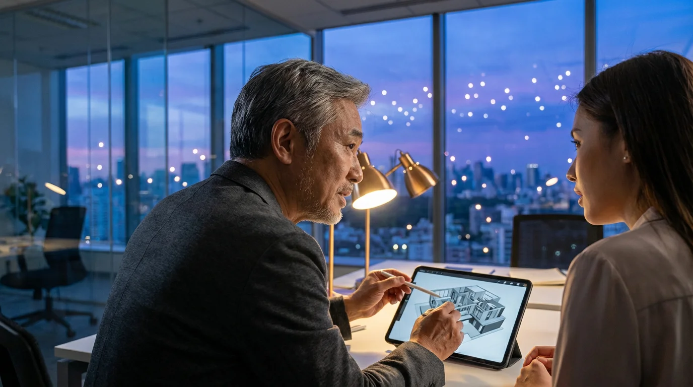 Experienced senior male architect mentoring a younger colleague in a modern office at dusk.