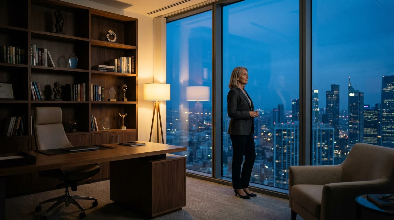 Experienced woman in a modern home office overlooking a city skyline at twilight.