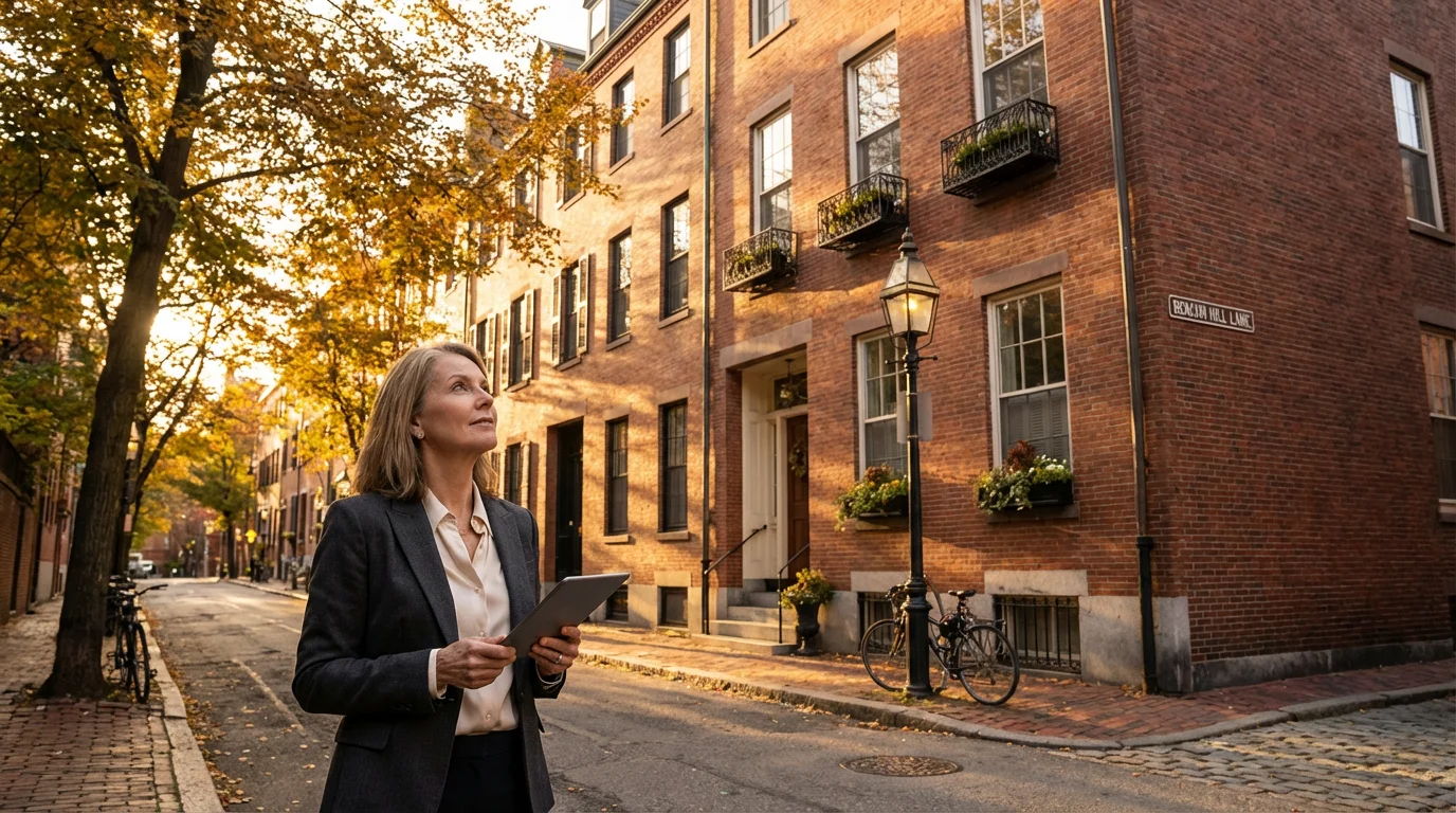 Experienced woman in her 60s evaluating a brick townhouse investment property at golden hour.