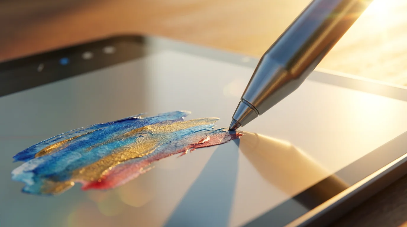 Extreme close-up macro of a stylus tip painting a colorful stroke on a tablet screen.