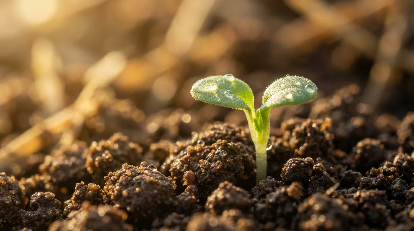 Extreme macro photo of a tiny green seedling sprouting through dark, moist earth.