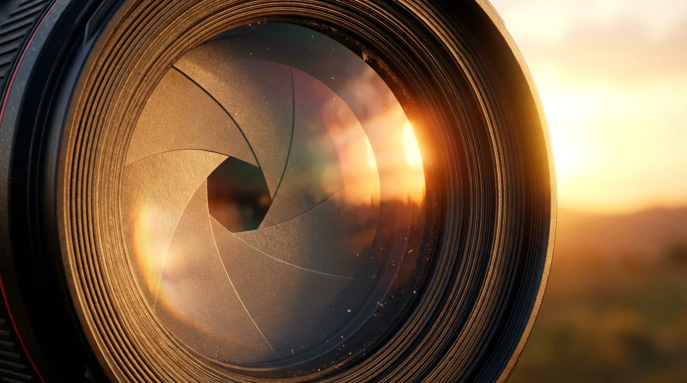 Extreme macro photo of camera lens aperture blades glowing in warm golden hour light.