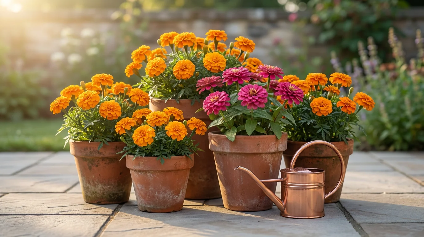 Eye-level shot of colorful marigolds and zinnias in terracotta pots on a patio.