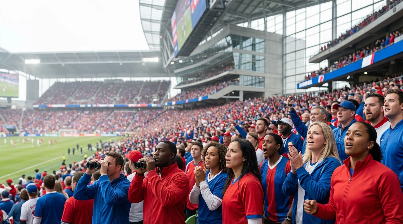 Eye-level view from the stands of a massive, excited crowd filling a modern stadium.