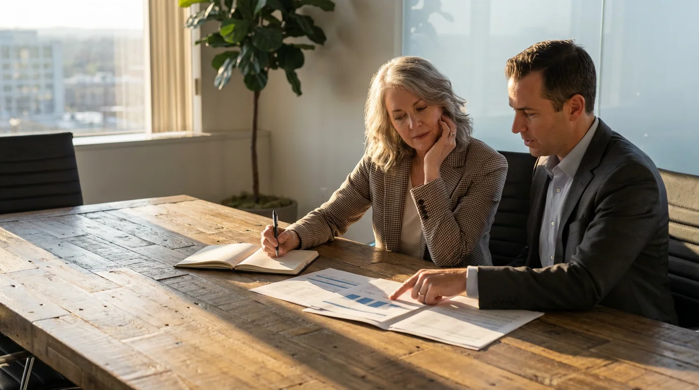 Financial advisor and senior client discuss retirement planning in a modern, sunlit office.