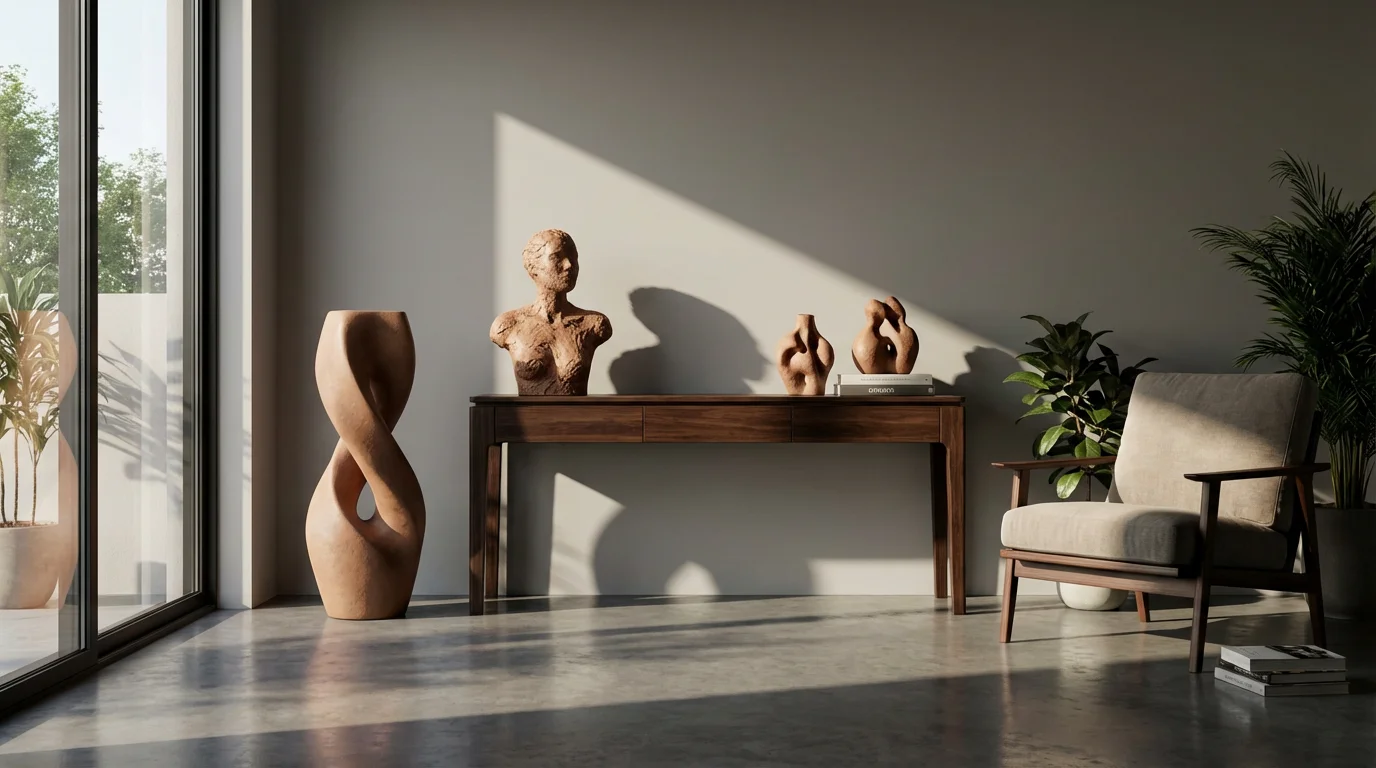 Finished clay sculptures displayed on a modern console table with long afternoon shadows.