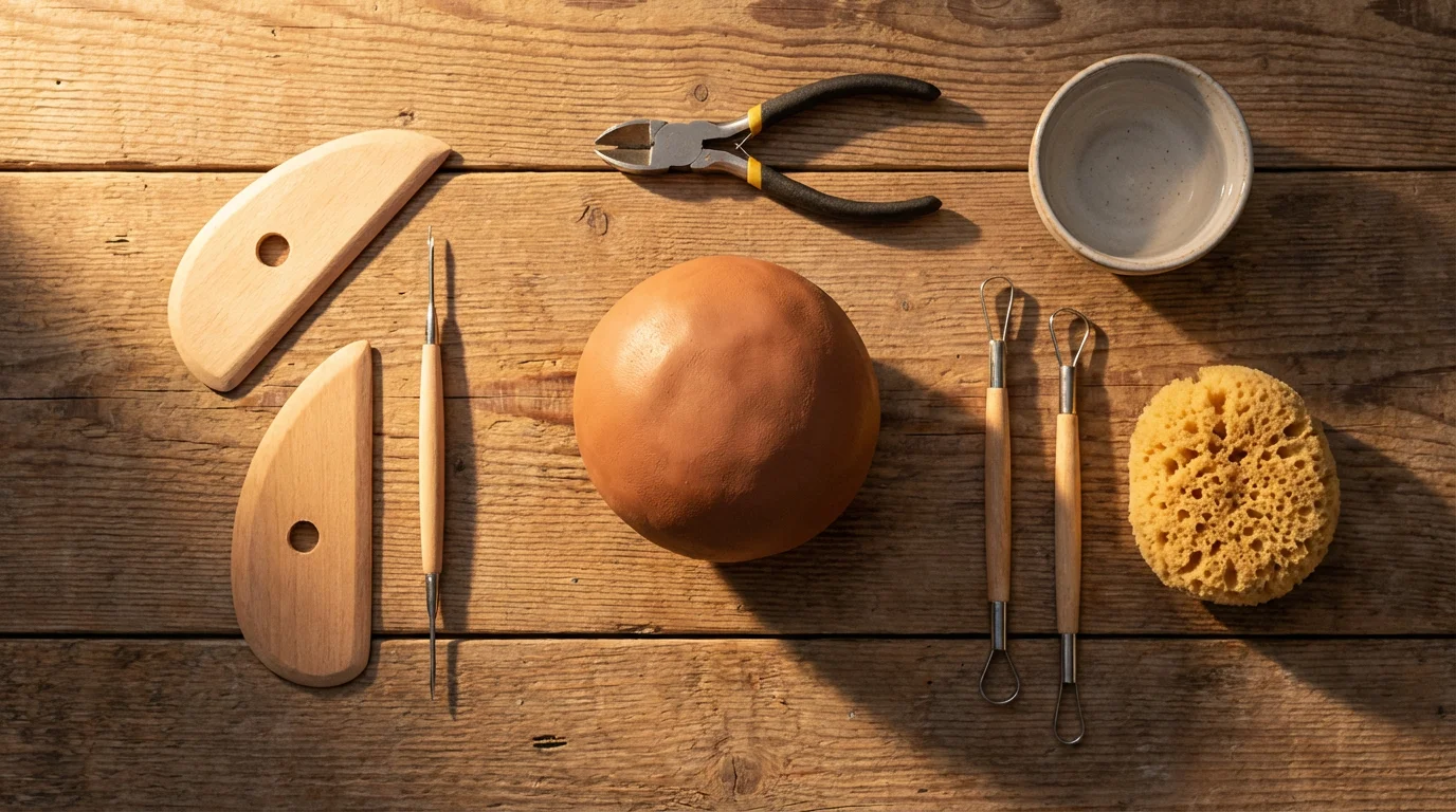 Flat lay of a beginner pottery tool kit and terracotta clay on a wooden table.