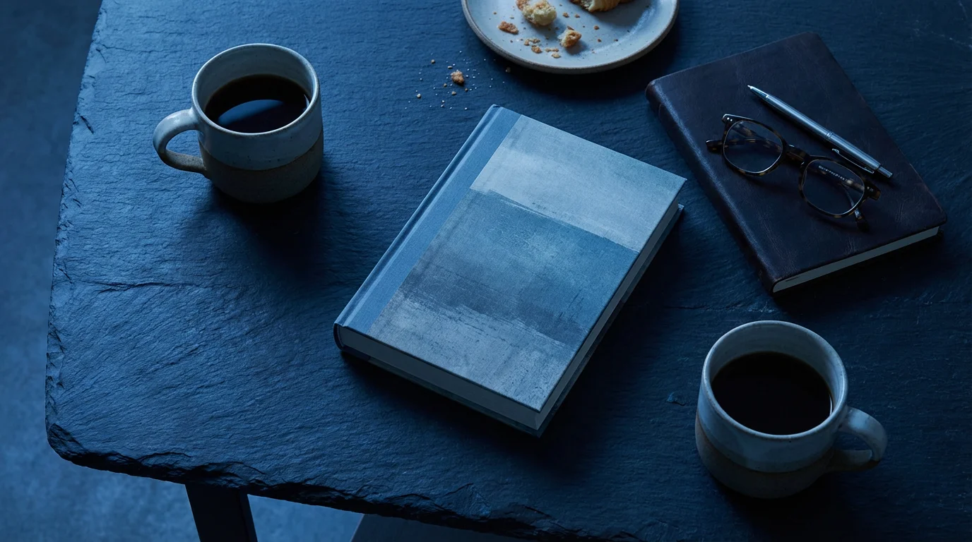 Flat lay of a book, notebook, and coffee mugs on a dark table.