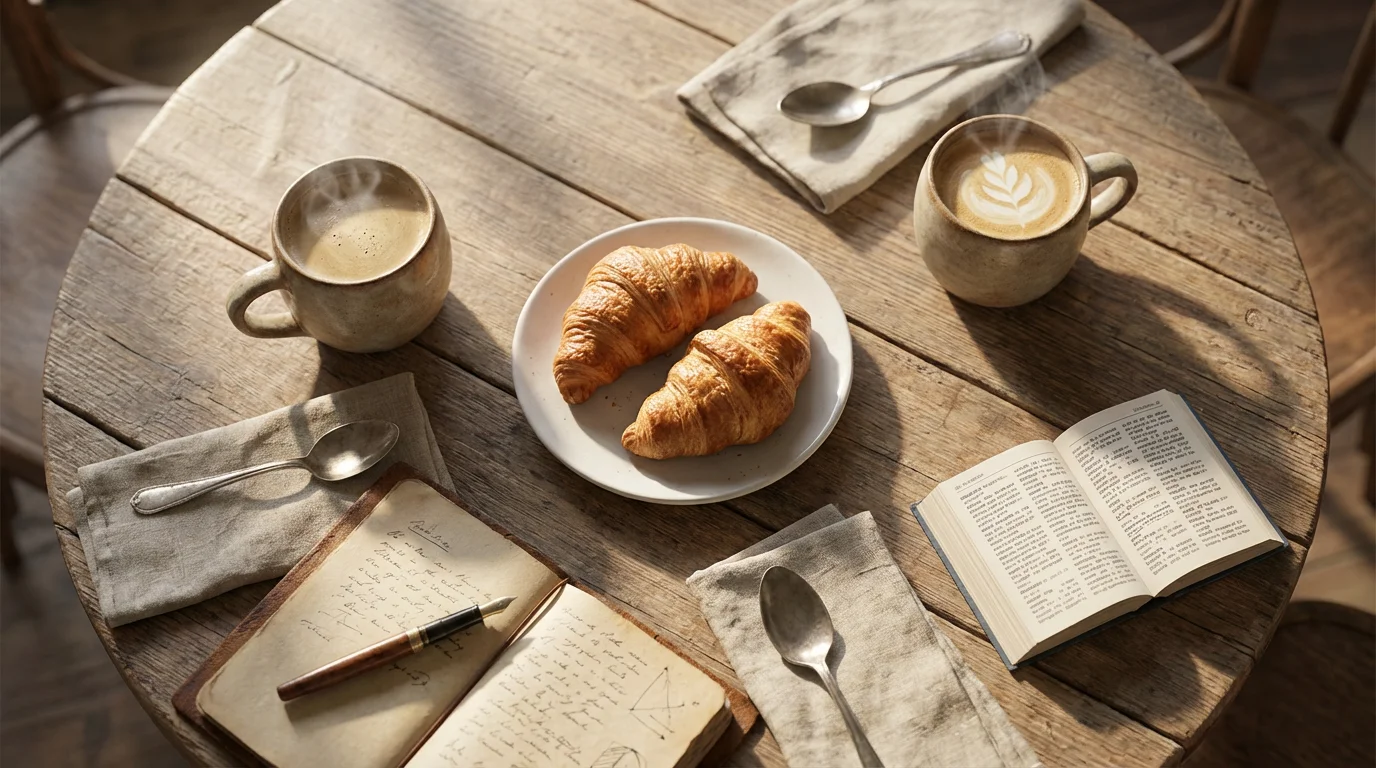 Flat lay of a cafe table with two coffees, croissants, and a notebook.