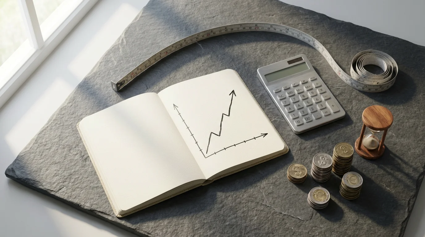 Flat lay of a calculator, notebook with a graph, coins, and measuring tape.