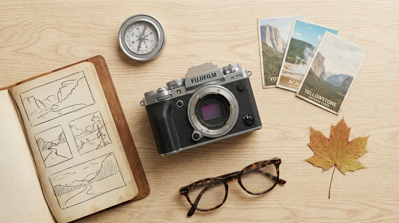Flat lay of a camera, journal, compass, and postcards suggesting a photography hobby.
