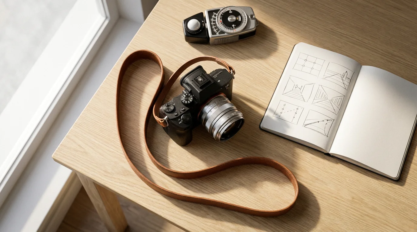 Flat lay of a camera, lens, and notebook with composition sketches on a table.