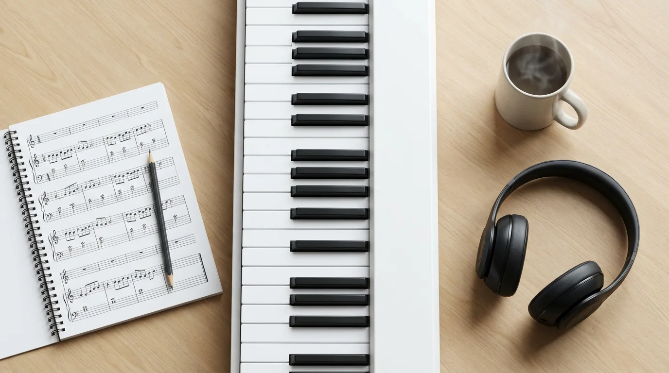 Flat lay of a digital piano keyboard, notebook with musical notes, and headphones.
