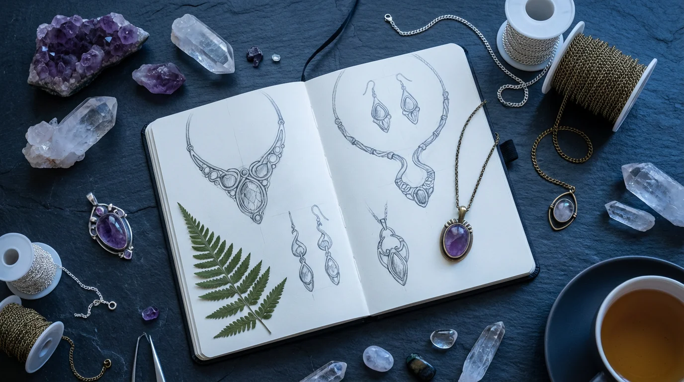Flat lay of a jewelry design sketchbook with raw crystals, metal chains, and tools.