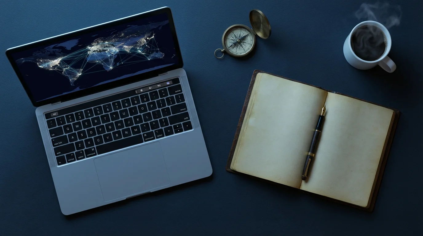 Flat lay of a laptop, journal, and compass for genealogy research at dusk.