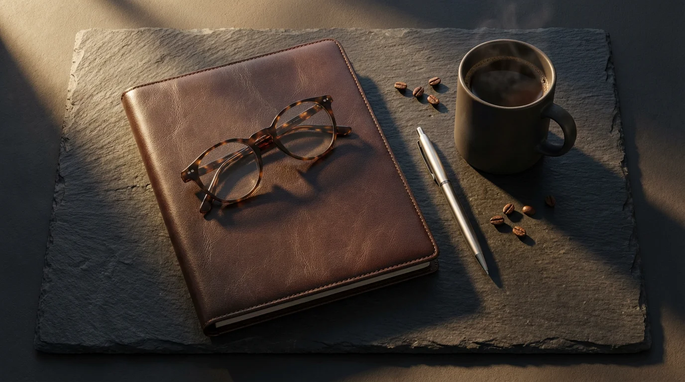 Flat lay of a leather portfolio, eyeglasses, pen, and coffee cup on a slate surface.
