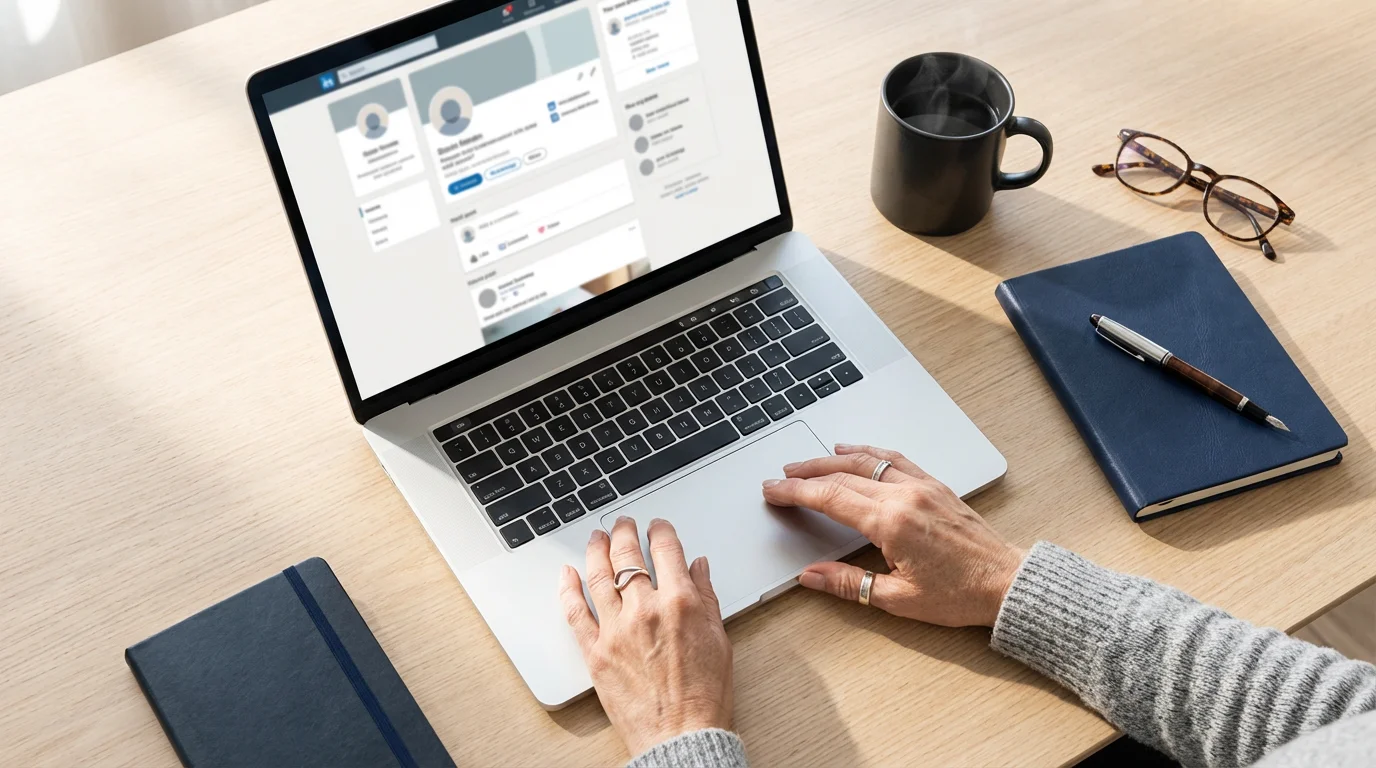 Flat lay of a person's hands using a laptop for online professional networking.