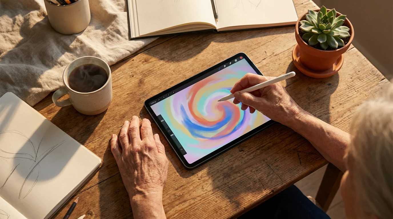 Flat lay of a senior woman's hands creating a digital painting on a tablet.